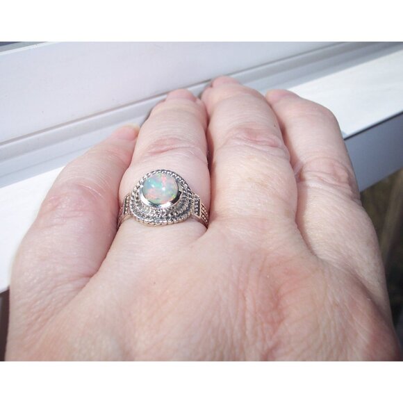 925 STERLING SILVER Genuine Round Ethiopian Opal Ring - Picture 4 of 14
